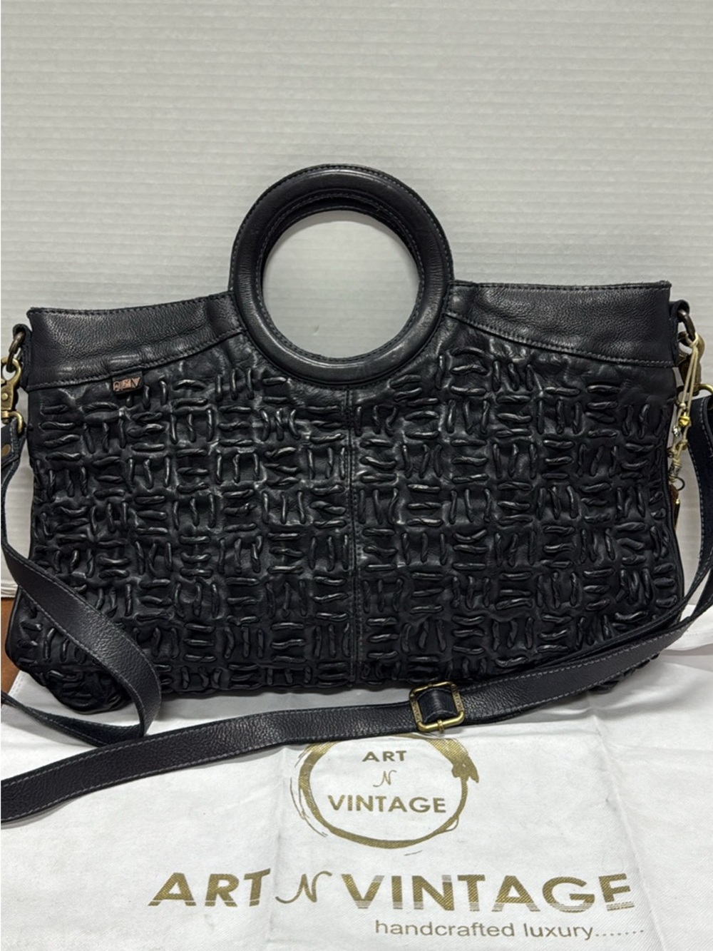 Art N Vintage  Black Woven Leather Tote with Round Handles